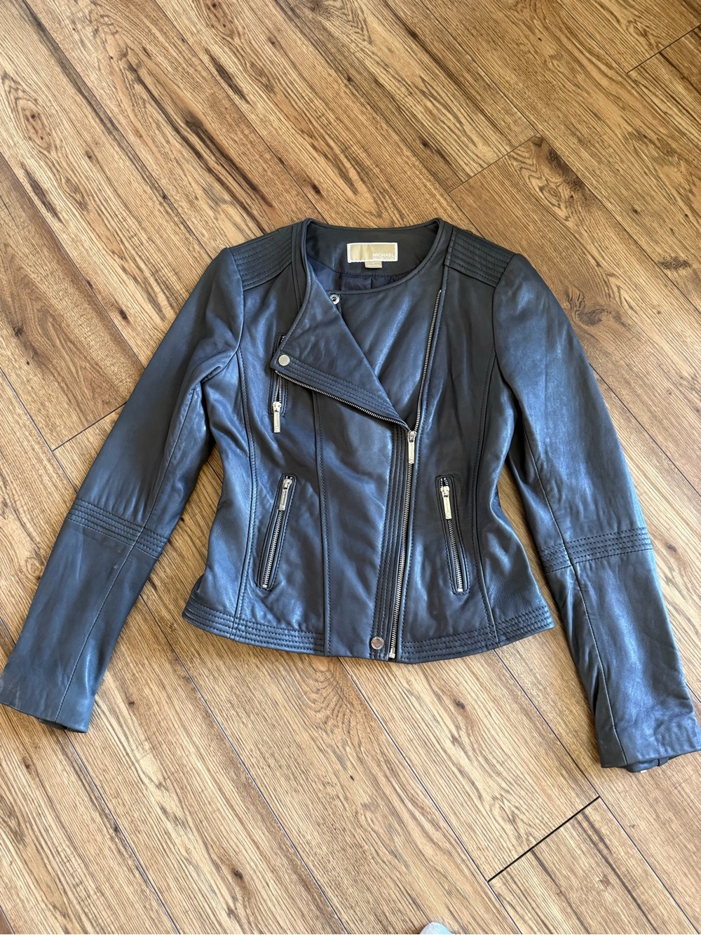 MICHAEL Michael Kors Black Leather Asymmetrical Zip Moto Jacket